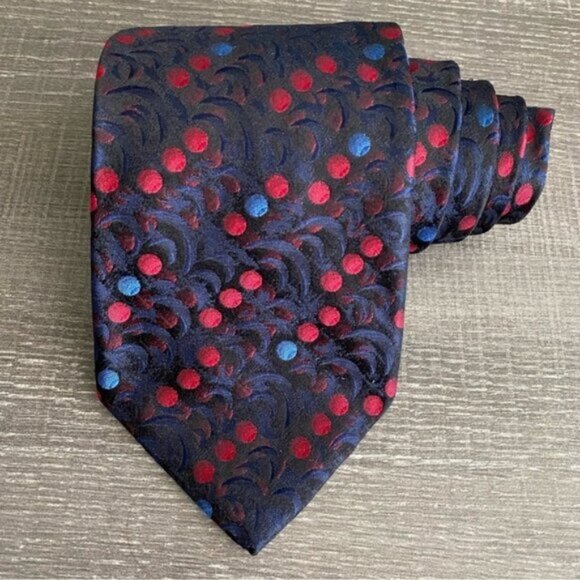 Serica Handmade in Italy Neck Tie 100% Silk Red Blue Dot Emboss Retro Pattern - Picture 1 of 7
